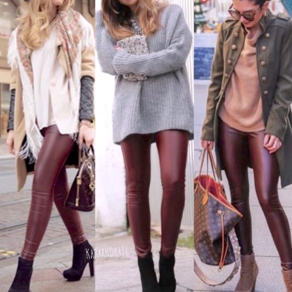 Maroon Vegan Leather Leggings - Picture 1 of 4